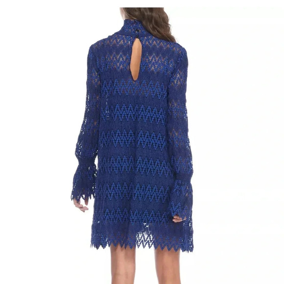 Free People Simone Mock Neck Dress Chevron Lace Cobalt Royal Blue Size M - Picture 3 of 5